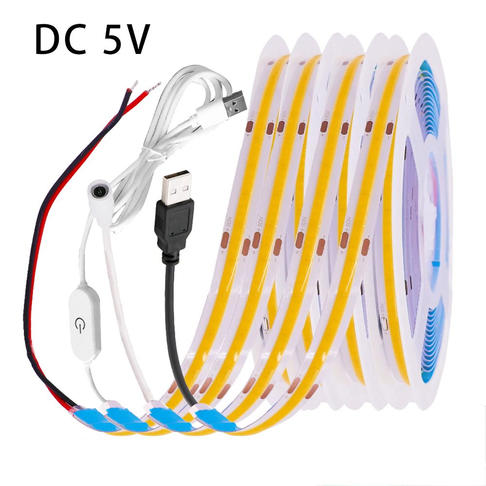 5V COB LED Strip Lights USB 320LEDs/m High Density Linear Lighting Flexible LED Tape Ribbon White Red Green Blue Pink Ice Blue