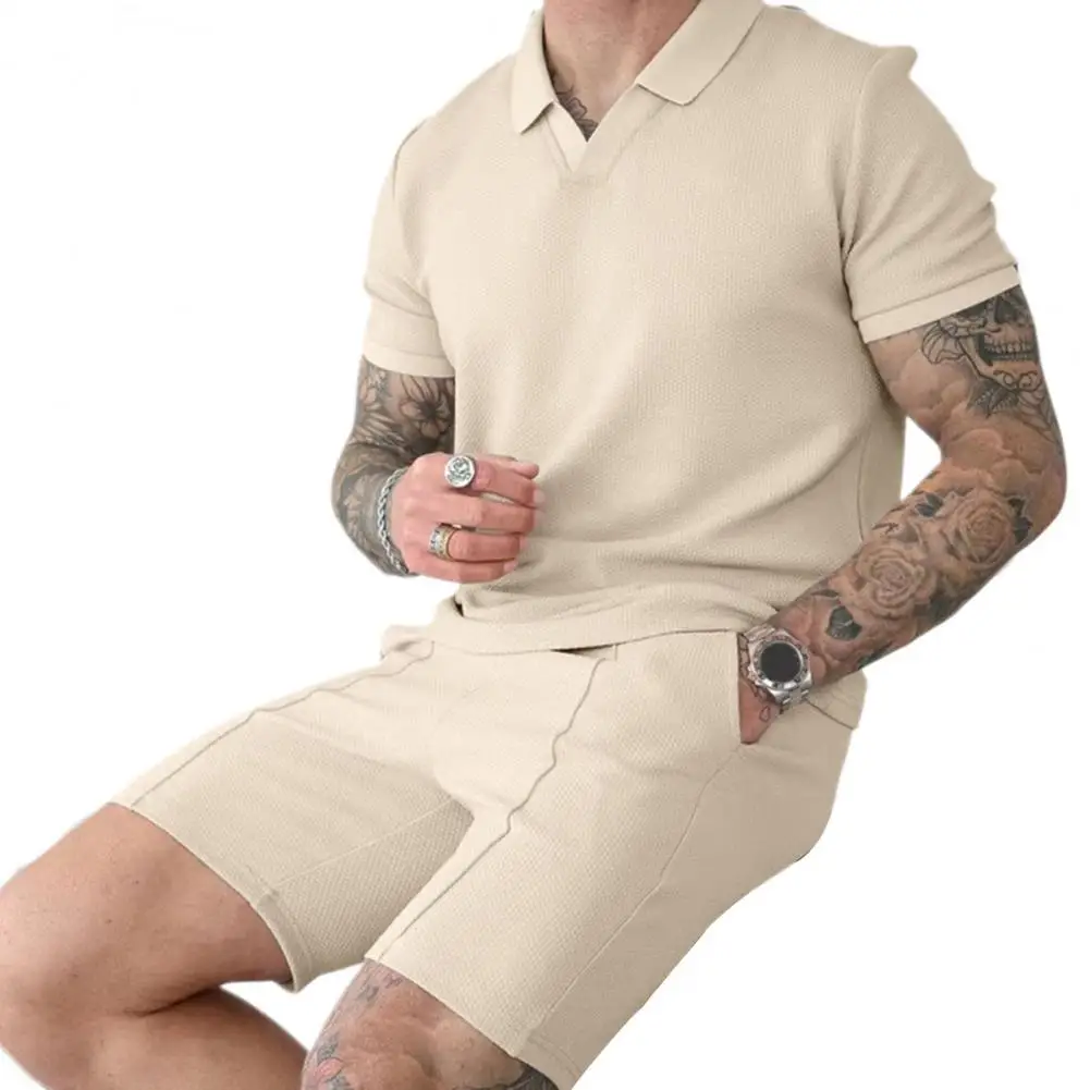 

Summer Suit Men's Outfit Set with V-neck T-shirt Wide Leg Shorts Elastic Waistband Drawstring Streetwear