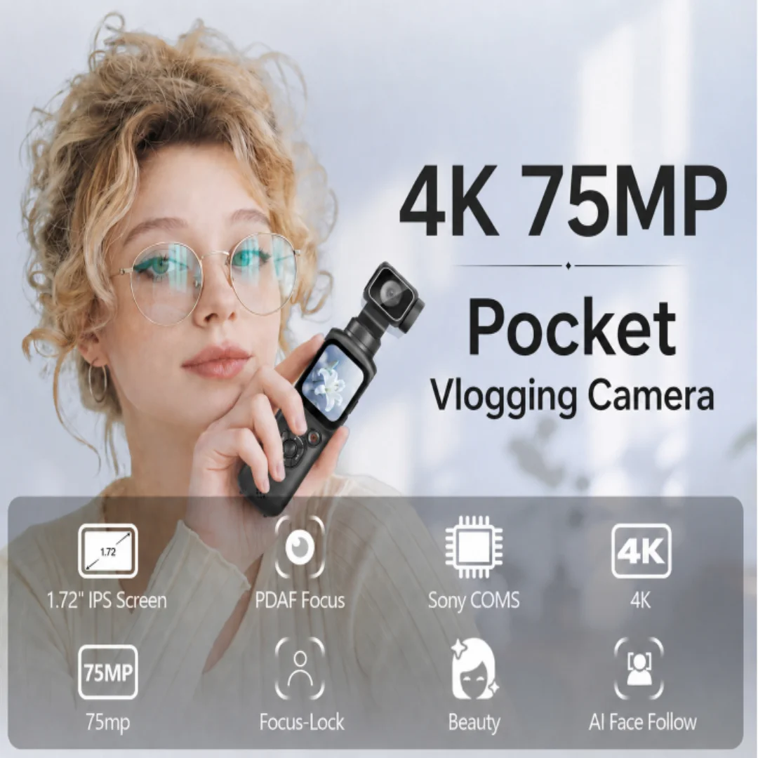 Svnouh HJD-05 4K 액션 카메라 330 ° 얼굴 추적 짐벌 스테빌라이저 75MP 픽셀 WiFi 기능 포켓 짐벌 카메라 (브이로그용)