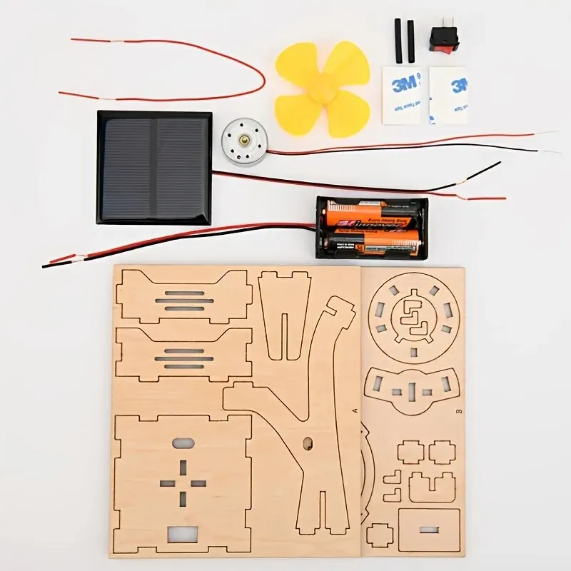 Children DIY Solar Powered Electric Fan Toy Science Educational Physics Motor Circuit Device Kit Wooden Puzzle Sets Toys