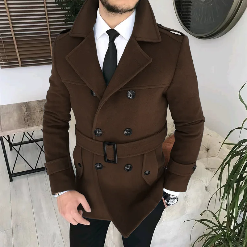 Lapel Double Row Button Casual Trench Coat Woolen Coat With Belt Men's ...