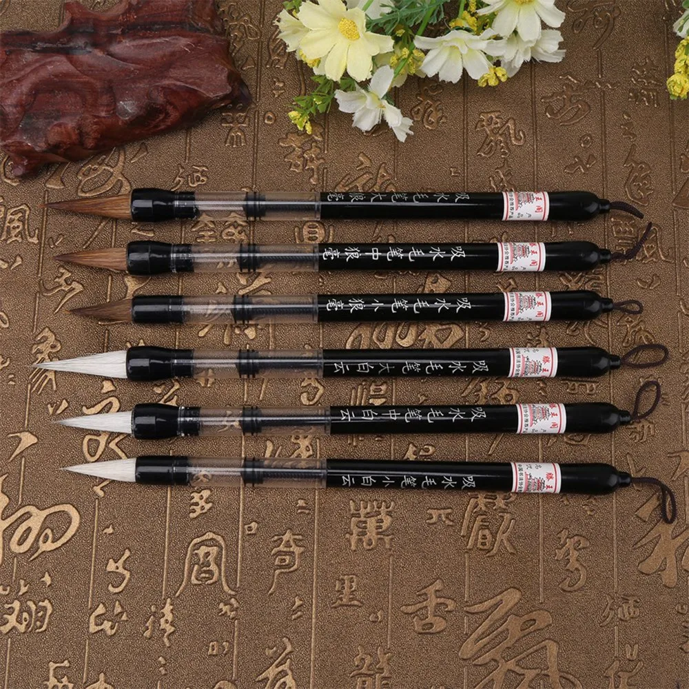 6Pcs 피스톤 필 디자인 워터 브러쉬 펜 화이트/브라운 브러쉬 초보자 친화적인 서예 워터 펜 나일론 L/M/S 사이즈