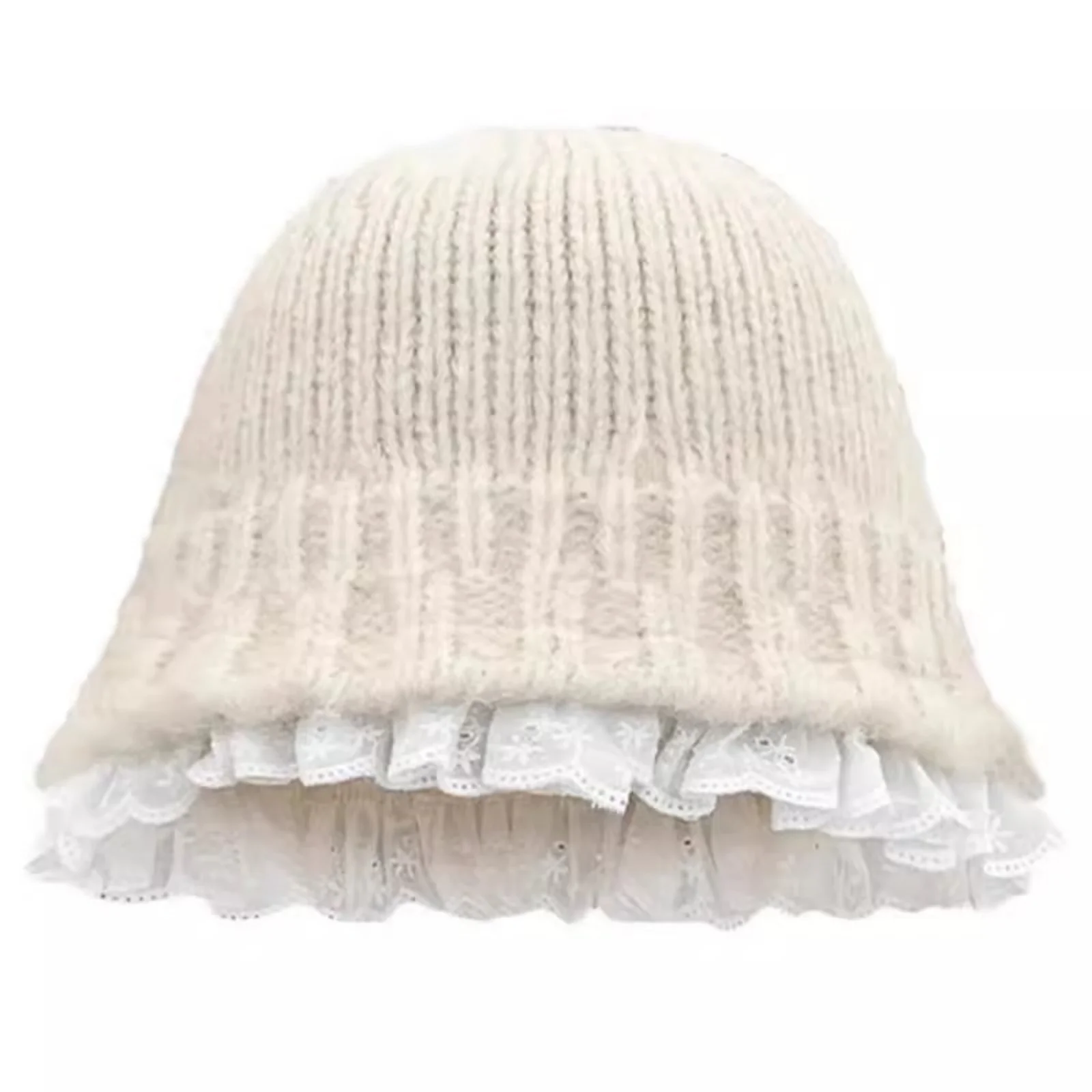 1PC Knitted Fisherman Hats, Lace Trim Korean Lazy Style Winter Warm Bucket Hats, Face - Slimming Versatile Woolen Caps For Women