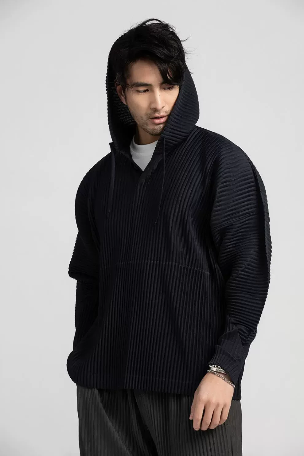 Miyake Pleated Hoodies For Men Breathable Loose Drawstring Casual Top - Image 3
