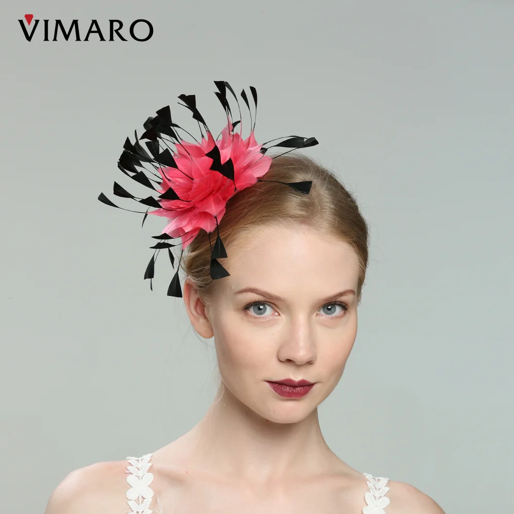Фото Шляпка VIMARO женская с розовыми и черными перьями, элегантная Вуалетка для церкви и свадьбы, Дерби №4