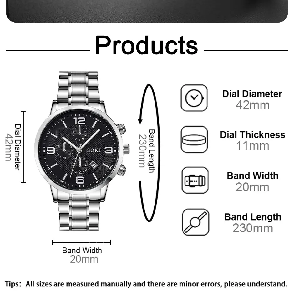 SOKI 2pcs Silver Quartz Watch With Stainless Steel Bracelet For Men Business Fashion Round Calendar Watch Set