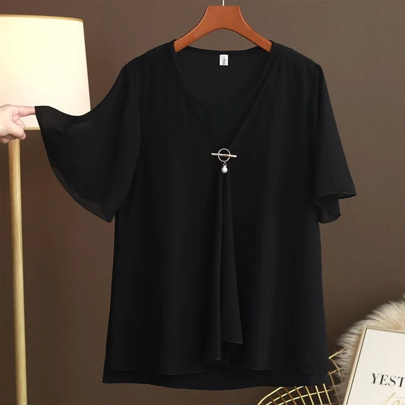 

Summer New Women Chiffon Blouse Fake Two Piece Tops Female O-Neck Solid Color Short Sleeve Loose Oversized Shirt Blusas Mujer De
