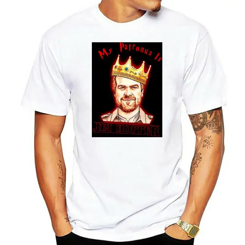 thumbnail image 1 of Camiseta Stranger tee Things My Patronus Is Jim Hopper, camiseta negra de algodón para hombre, tallas S-6XL, 1 of 4