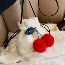 

Cute Cherry Pompom Plush Crossbody Bags For Women Luxury Faux Fur Bucket Women Shoulder Bag Furry Plush Small Woman Handbags New