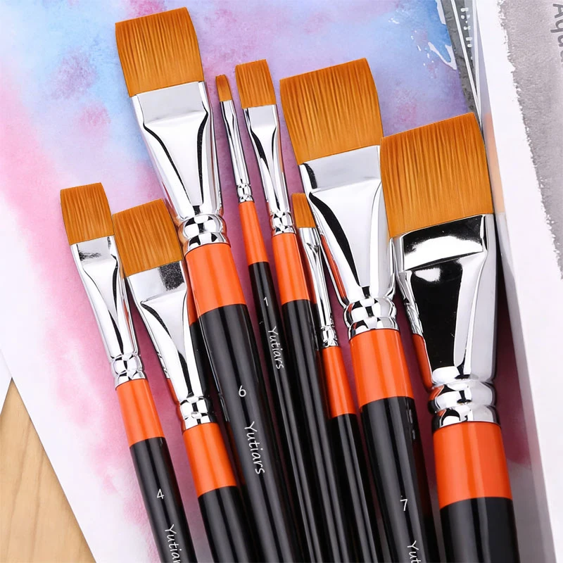 8Pcs 플랫 나일론 헤어 페인트 브러쉬 세트 수채화 아크릴 오일 구아슈 페인팅 애호가 및 초보자를 위한 내구성 있는 미술 도구