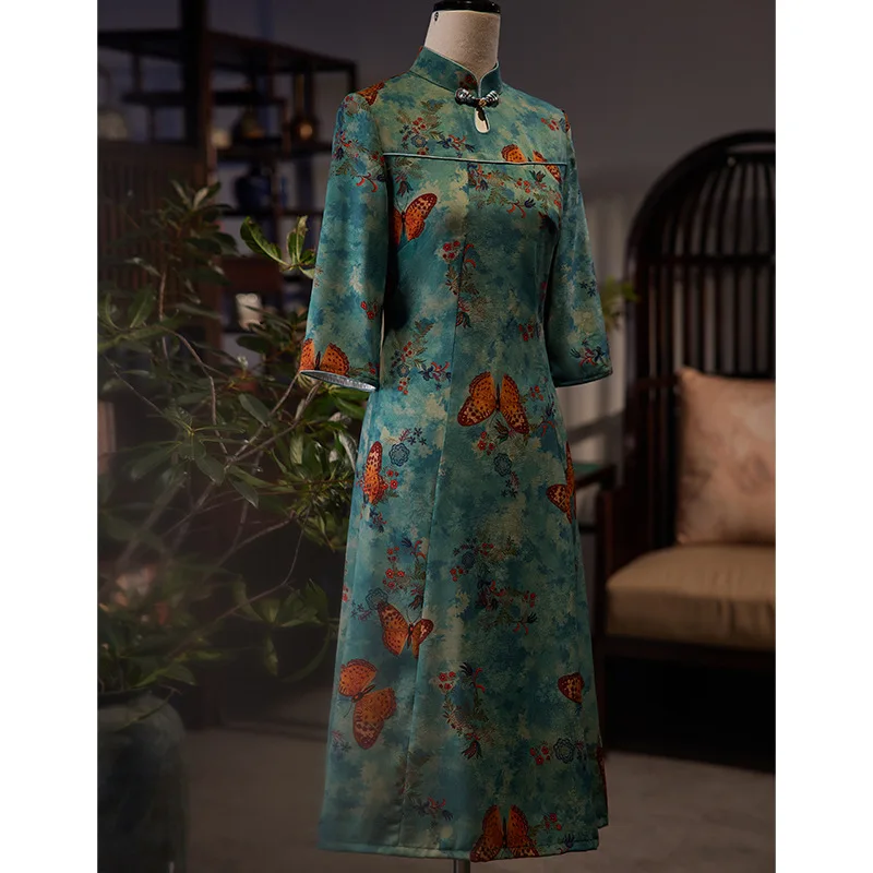 

Butterfly Printed Satin Drop Collar A-Line Cheongsam Oriental Dress Sexy Seven Points Sleeve Women Qipao