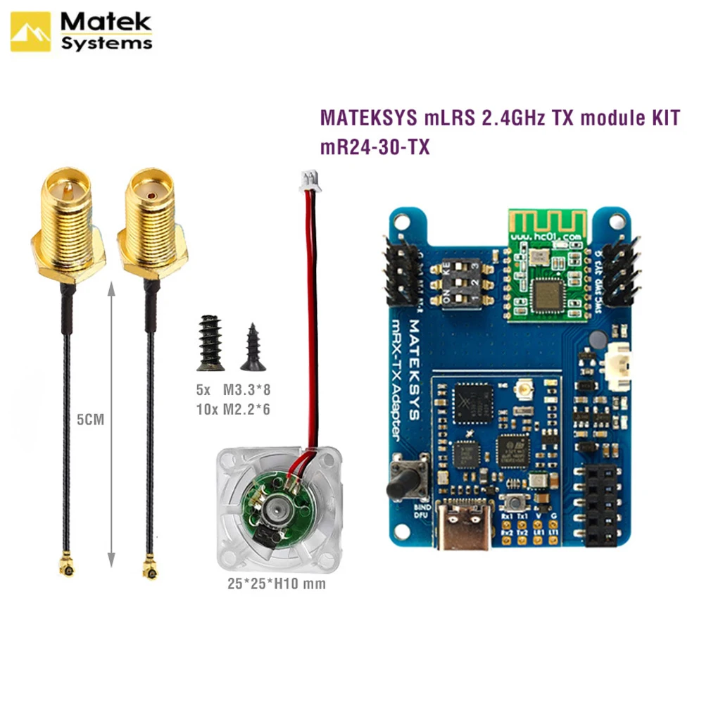 Module TX MATEKSYS mLRS monté sur un drone RC, câbles branchés