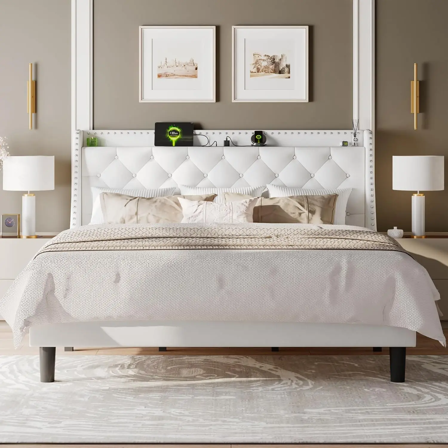 King Size Bed Frame with Velvet Luxury Wingback and Fast Charging Station,King Upholstered Button Tufted Storage Headboard