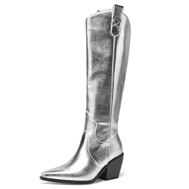 WesternWomensKneeHighBootsGenuineLeatherSilverCowboyBoot