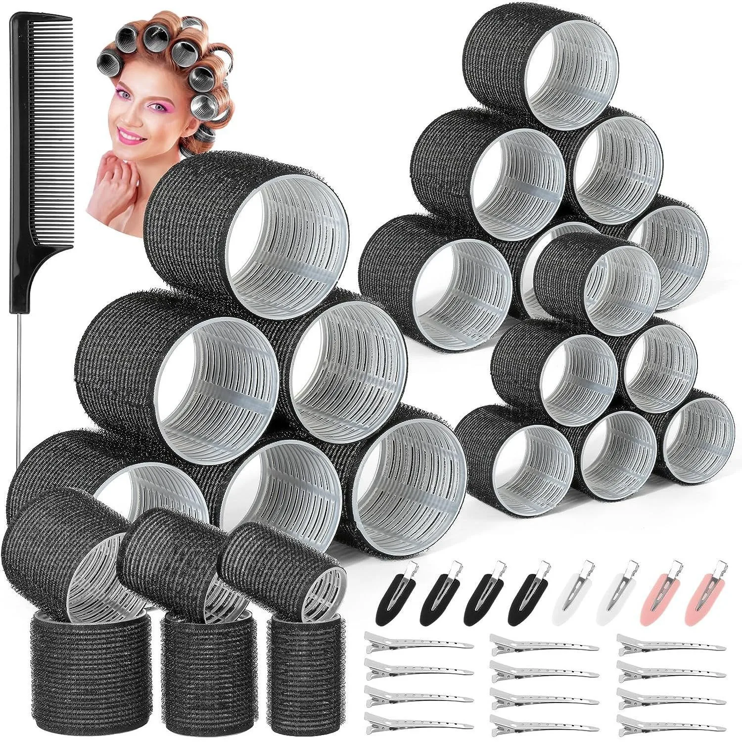 Volumizing Self-Grip Hair Roller Kit with Clips & Styling Comb - Heat-Free Curling and Salon-Quality Hair Tools for Effortless DIY Hairstyles