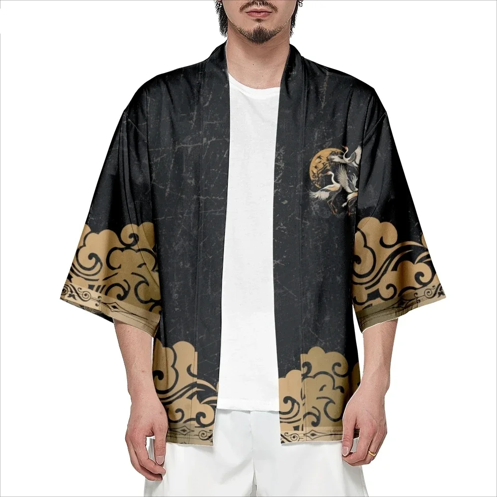 Japanese Style Cosplay Shirt 3D Crane Print Men and Women Traditional Samurai Kimono Haori Japanese Beach Yukata
