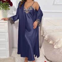 2cs Contrast Lace  Long Sleeve Belted Robe V Neck Slip Dress Sexy Elegant Women Pajamas  Sets - Image 2