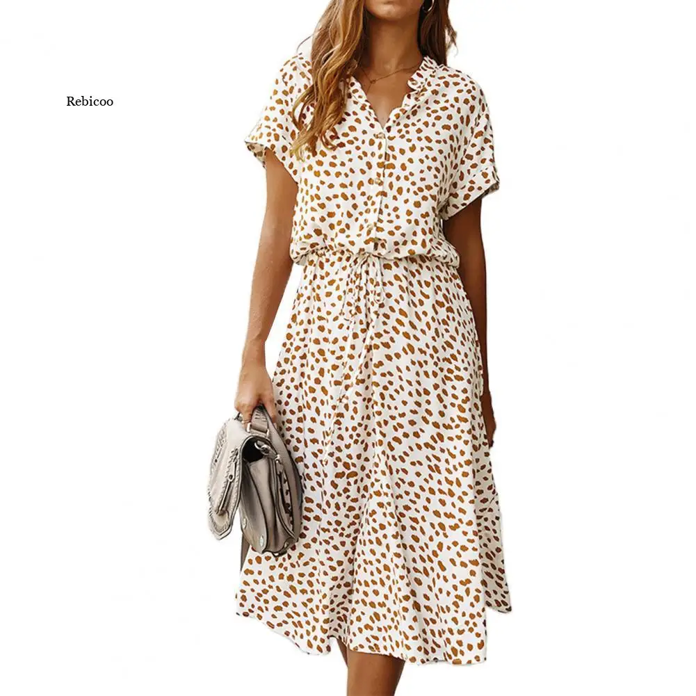 

Fashion Women Dresses Summer Boho Dot Print High Waist Shirt Dress Casual Holiday Beach Short Sleeved Female Midi Dress 2021 New