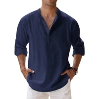New Cotton Linen Shirts for Men Casual Shirts Lightweight Long Sleeve Henley Beach 12