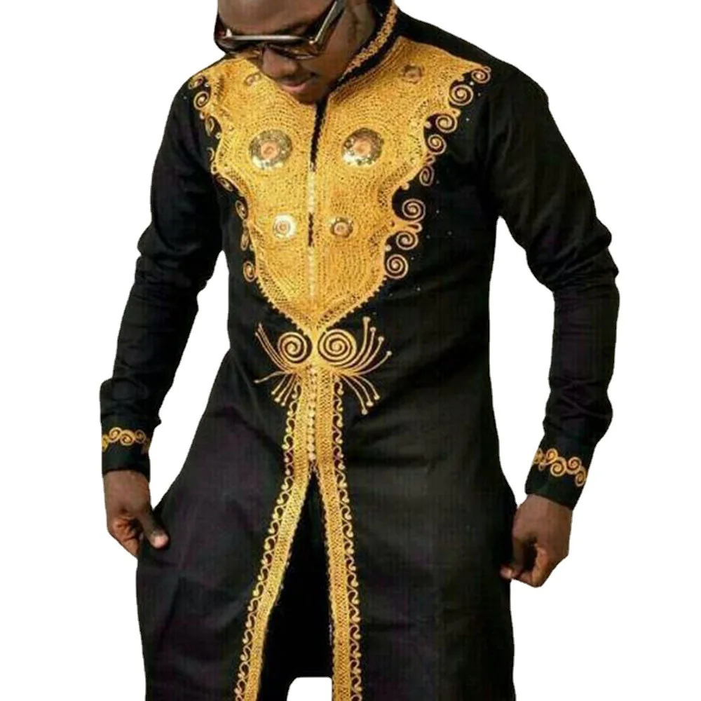 African Dashiki Dress Shirt Men African Clothes Luxury Metallic Gold Printed Stand Collar Shirt African Men Traditional Outfit