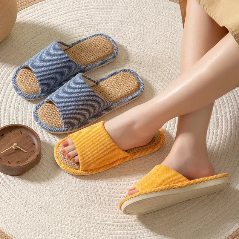 Huislinnen Slippers Mannen Vrouwen Koppels Zachte Dikke Bodem Indoor Huis Anti-Slip Ademend Hennep Slides Japanse Stijl Schoenen