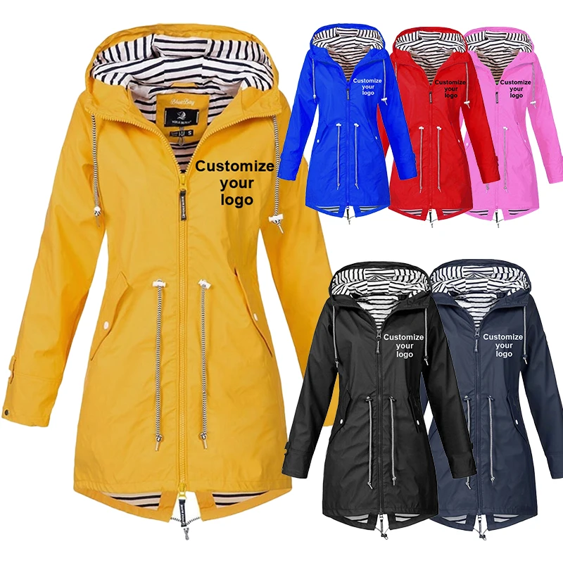 2023 Women's outdoor waterproof and rainproof jacket Customize your logo jacket Climbing hooded sleeve hooded windproof jacket women s autumn fashion drawstring zipper waterproof jacket customize your logo hooded raincoat outdoor windproof jacket