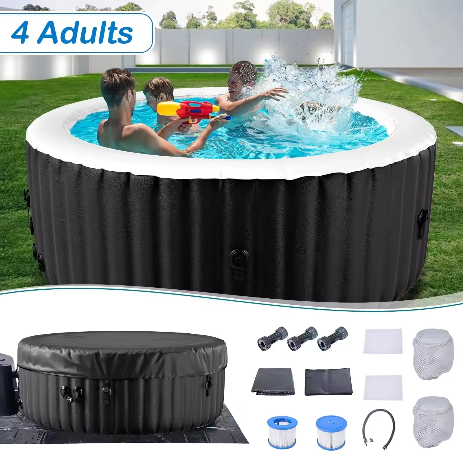2-4 Person Inflatable Hot Tub, Round Portable Hot Tub, Leak-Proof Blow up Tub with 120 Air Jets, PVC Outdoor Spa with Cover