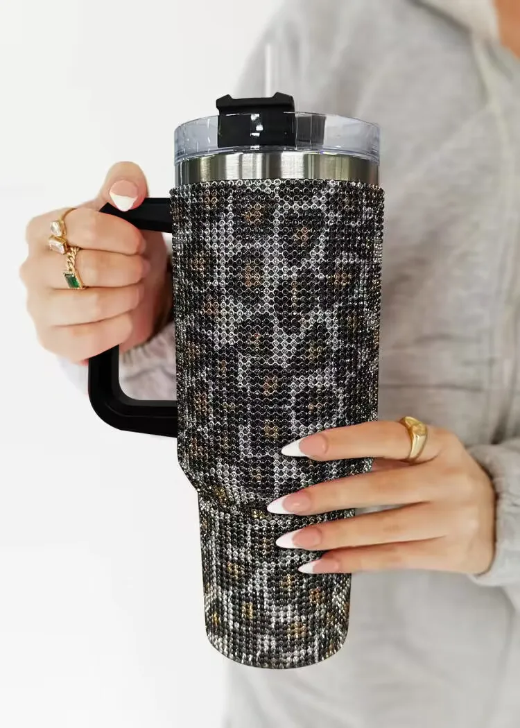 GEMFUL 40oz Leopard Print Insulated Tumbler With Handle And Straw