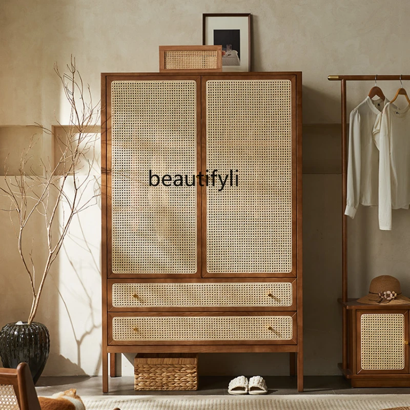 

Nordic Solid Wood Rattan Wardrobe Storage Locker Simple Modern Retro Cabinet Bed & Breakfast Bedroom Double Door Clothing