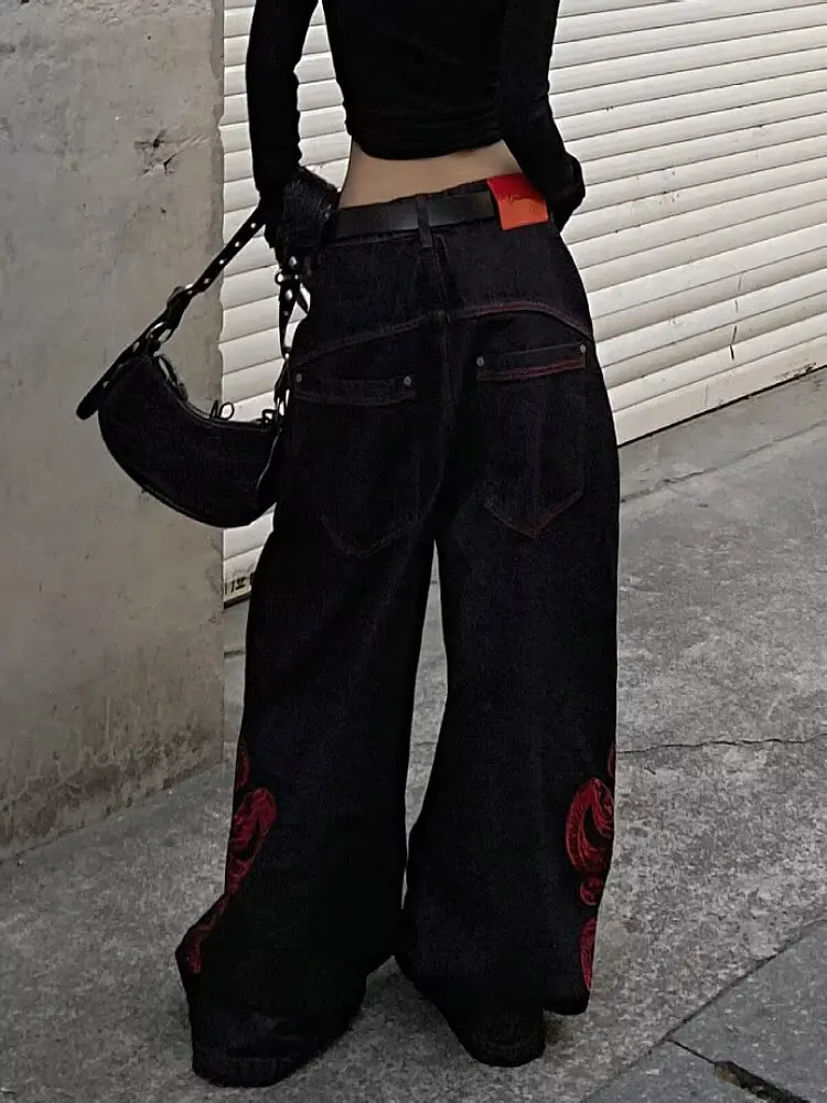 Y2k Embroidered Red Snake American High Street Retro Heavy Industry 3D Black Jeans for Men and Women Street Loose Wide Leg Pants 6