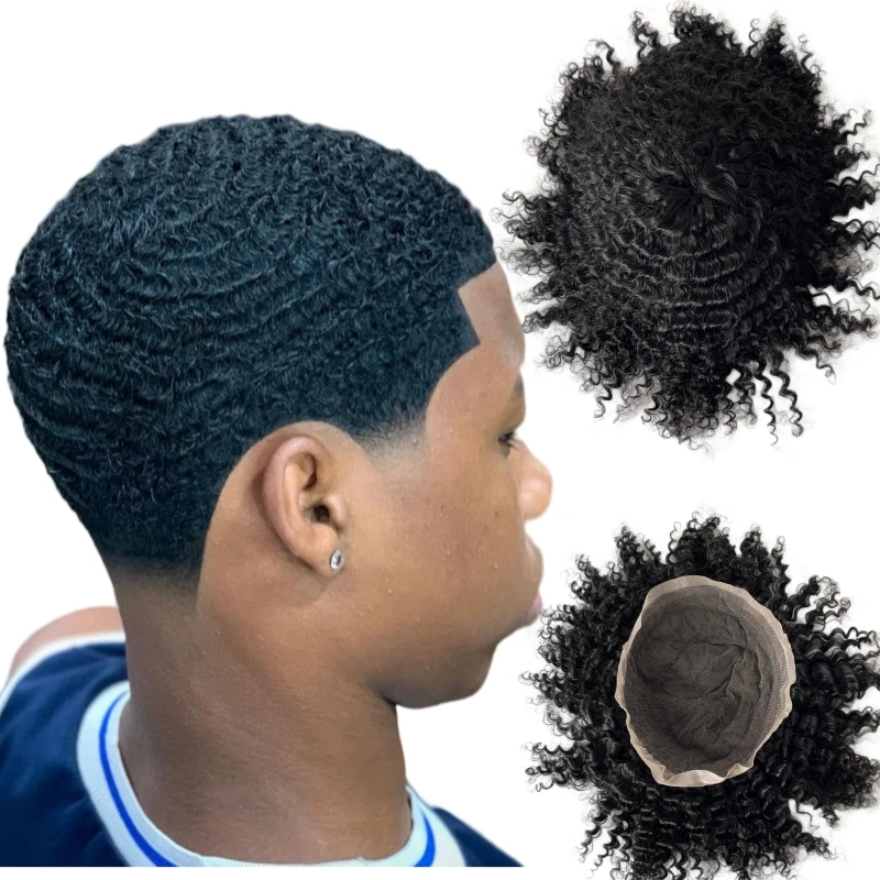 Mongolian Virgin Human Hair Hairpieces #1 Jet Black 12mm Wave Toupee 8x10 Full Lace Unit for Black Men