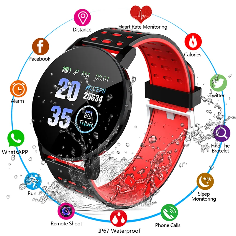 

119 Plus Smart Watch for Men Women Blood Pressure Waterproof Sport Round Smartwatch Smart Clock Fitness Tracker For Android IOS