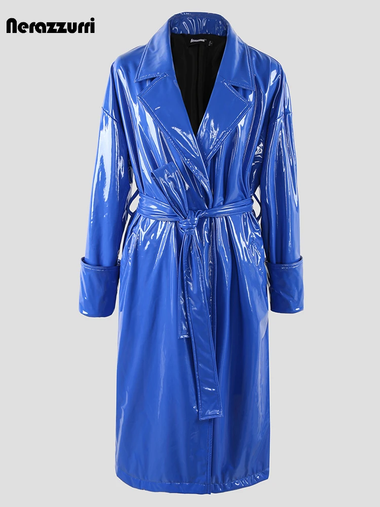 Nerazzurri-女性のための光沢のある反射ソフトブルーの秋のロング