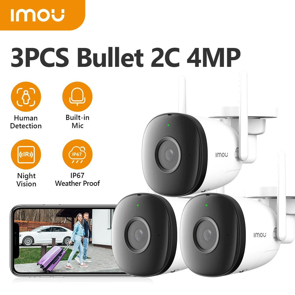 Wifi IP Camera Surveillance Camera IMOU 3PCS Bullet 2C 4MP Wi-Fi Dual Antenna Outdoor Night Vision IP67 Weatherproof Audio Recording AI Human Detect