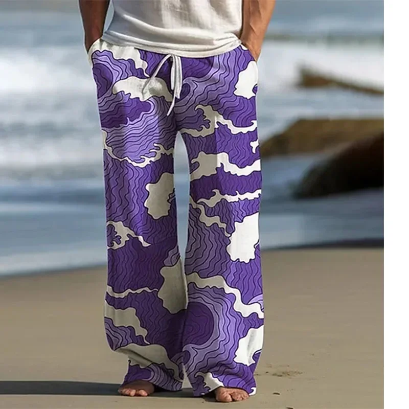 Fashion new simple pattern printed men's casual pants comfortable bamboo linen handsome straight pants loose daily leisure 2