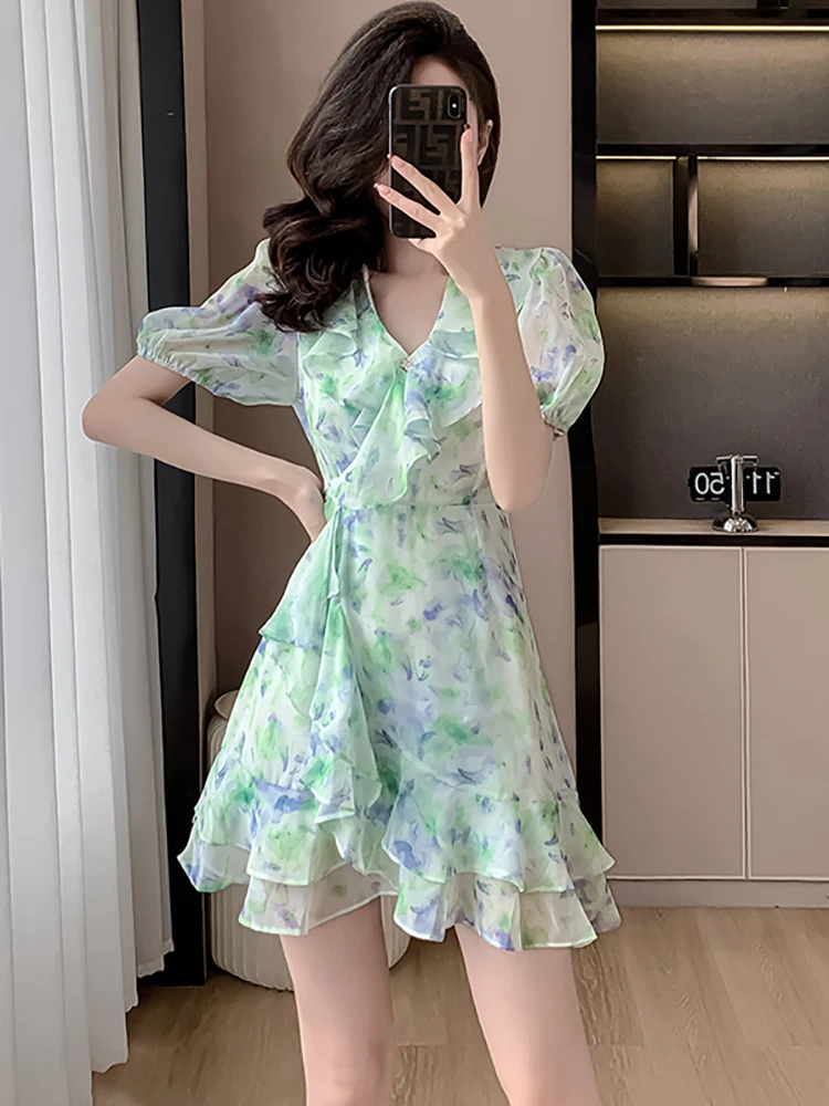 

Summer Print Chiffon Chic Ruffled Kawaii Dress Fashion Bodycon Elegant and Pretty Women's Dress 2024 Korean Chic Casual Dresses