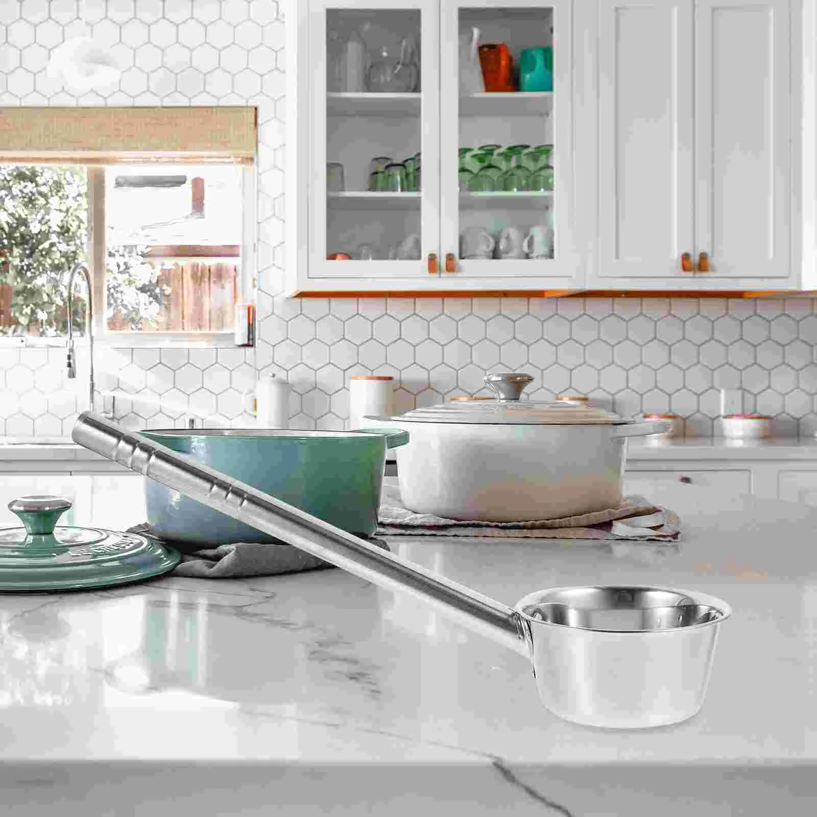 2 Pcs Spoons Long Handle Kitchen Soup Spoon Food Serving Spoon Stainless Steel Ladle Water Scoop Hot Pot Silver