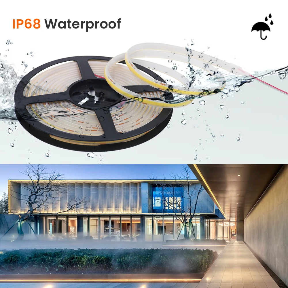 IP68 Waterproof COB Strip 12V 24V 320Leds/M RA90 3000K 4000K 6000K Home Garden Decor Flexible Ribbon Rope LED Light 1M 10M 20M 4