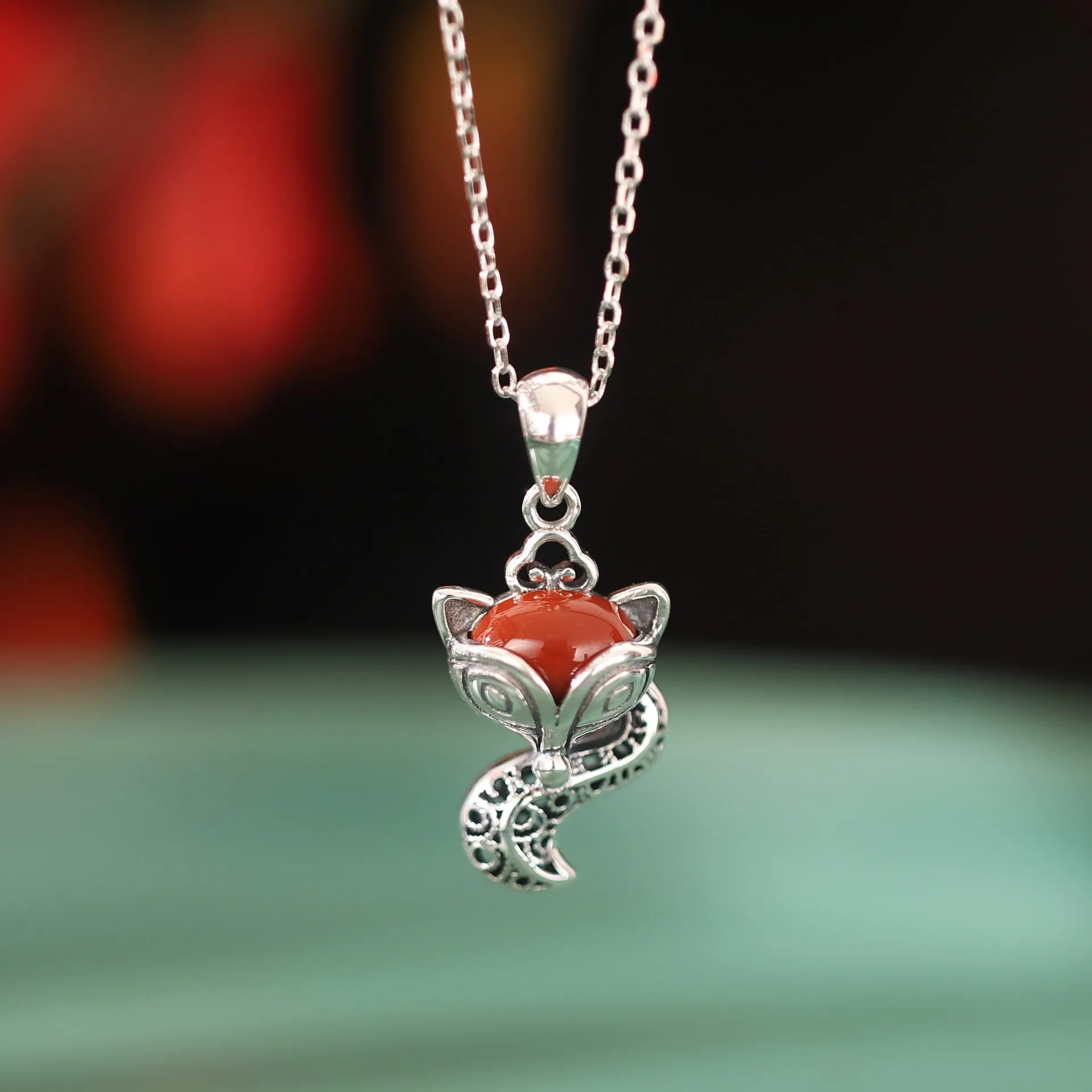 

XL497 ZFSILVER S925 Sterling Thai Silver Fashion Trendy South Red Agate Lovely Cute Fox Necklaces Pendants Women Wedding Jewelry