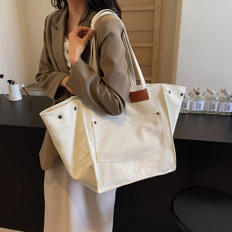 Übergroße Shopper-Umhängetaschen für Frauen, verformbar, große Kapazität, Einkaufstasche, 2025, Winter, Vintage, Pu-Leder, Handtaschen, einfach – Detail 4