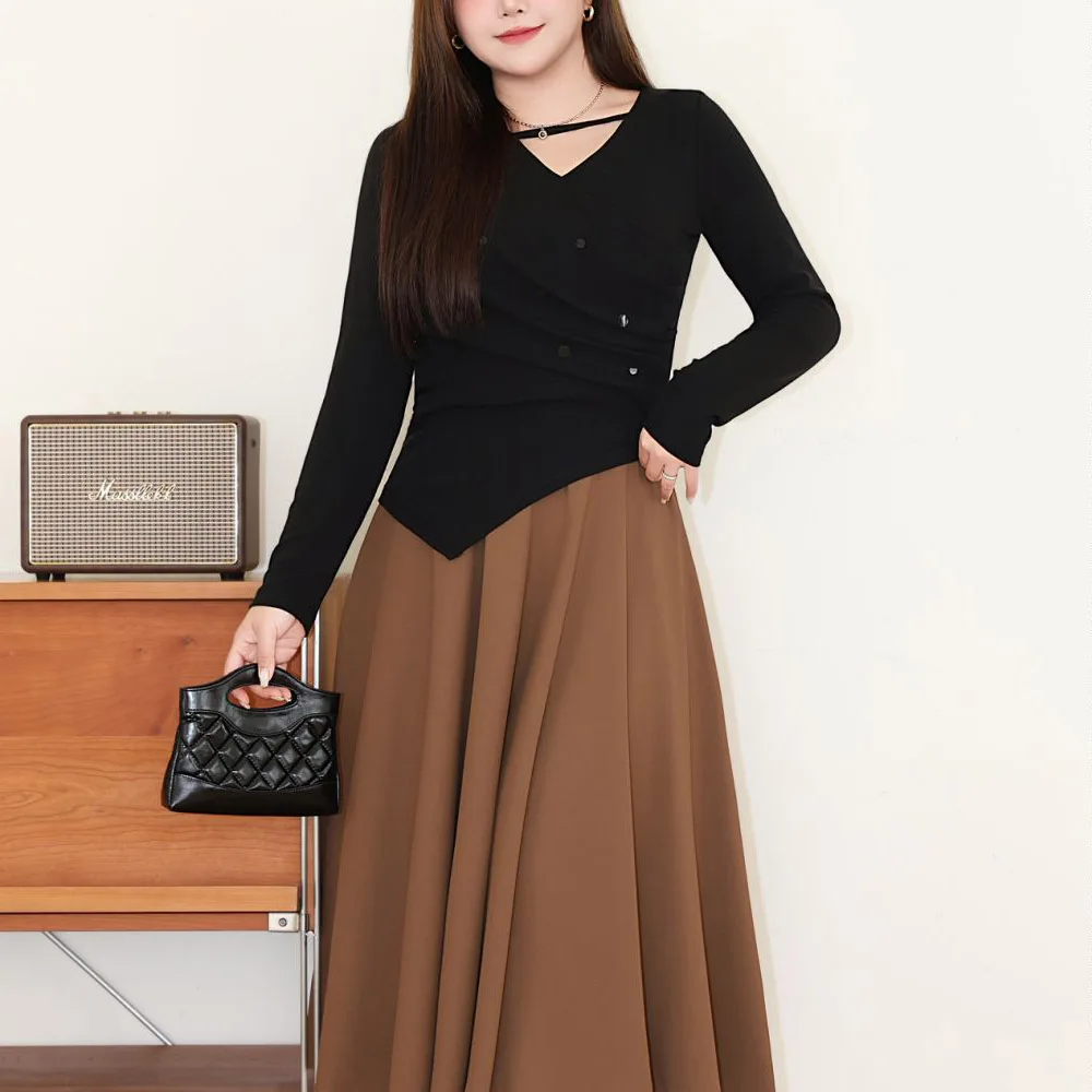 Sequined Cross V-Neck T-Shirt Women Plus Size Autumn Winter Good Quality Vintage Red French Slim Knitting Long Sleeve Top N9070