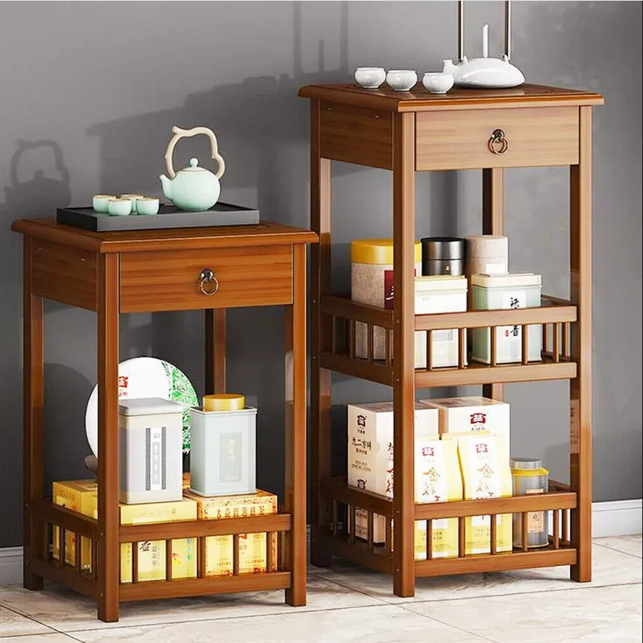 2/3 Tier Bamboo Bedside Table Sofa End Table with Drawer Plant Display Storage Shelf Unit