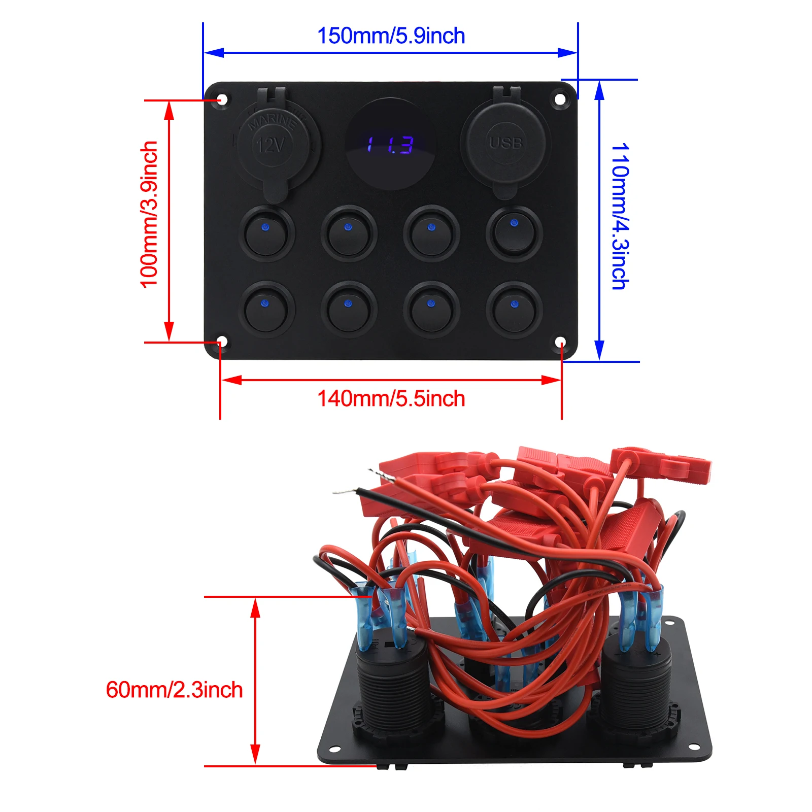 8-Gang Waterproof Rocker Switch Panel With Circuit Breakers - 12V