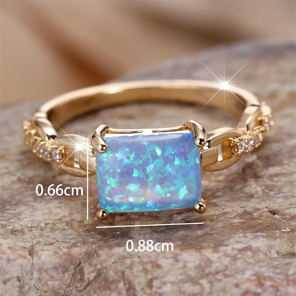 Square Stone Blue Fire Opal Engagement Rings For Women Vintage Gold Color White Zircon Wedding Band Birthstone Jewelry Gift