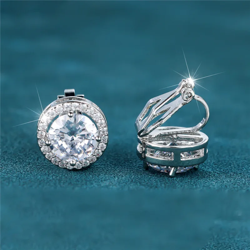 Classic Four Claw Round Stone Clip Earring Luxury Crystal White Zircon Earrings For Women Men Simple Trendy Silver Color Jewelry