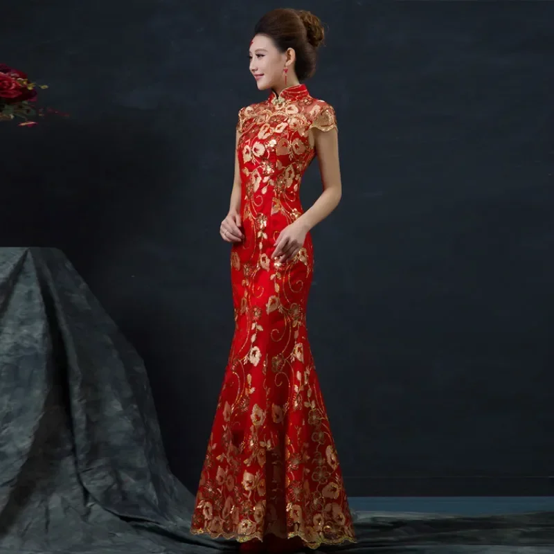 Red Chinese Wedding Dress Female Long Short Sleeve Cheongsam Gold