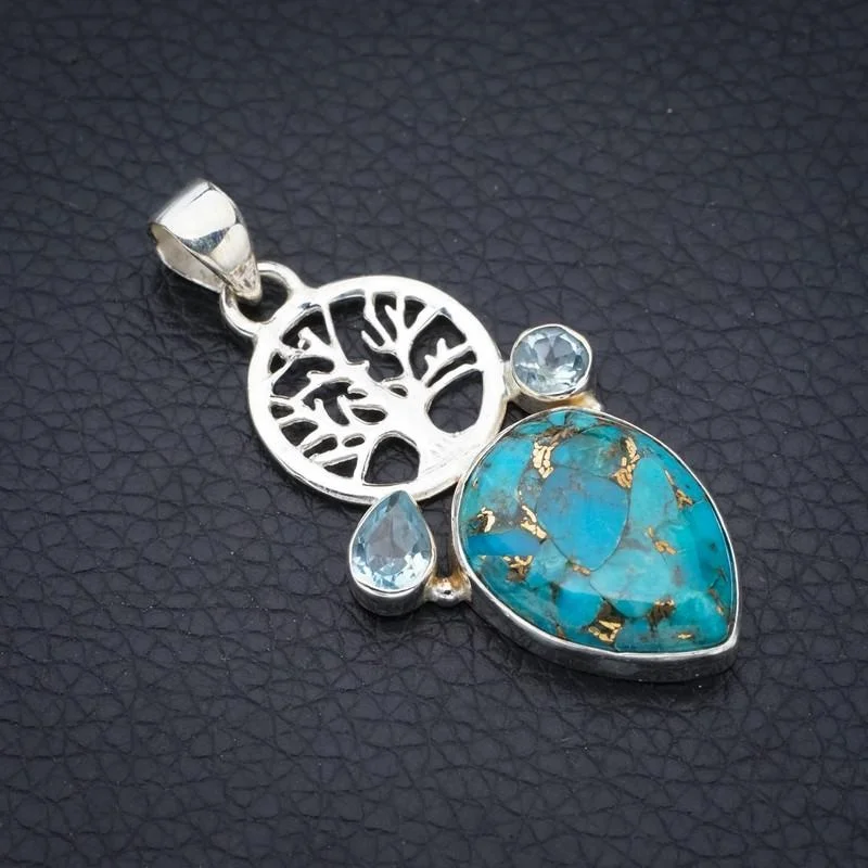 

StarGems медные бирюзовые синий топаз дерево ручной работы 925 пробы серебряный кулон 2 "F3878