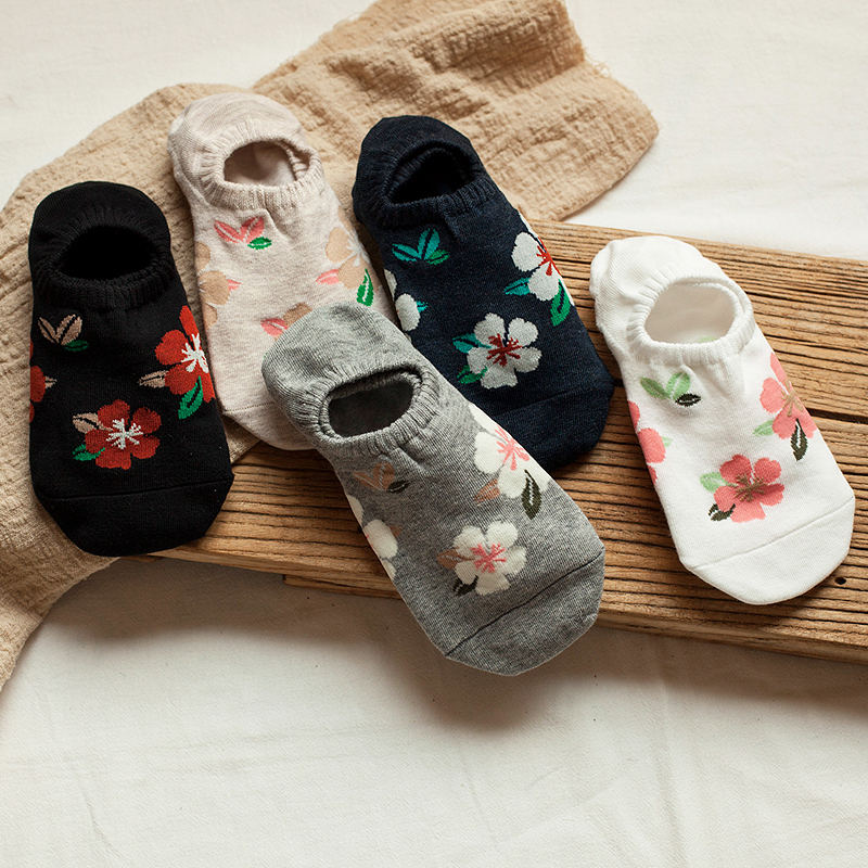 5 Pairs Women's Fashion No-Show Socks, Peach Blossom Series, Invisible Low-Cut Liner Socks In Assorted Colors