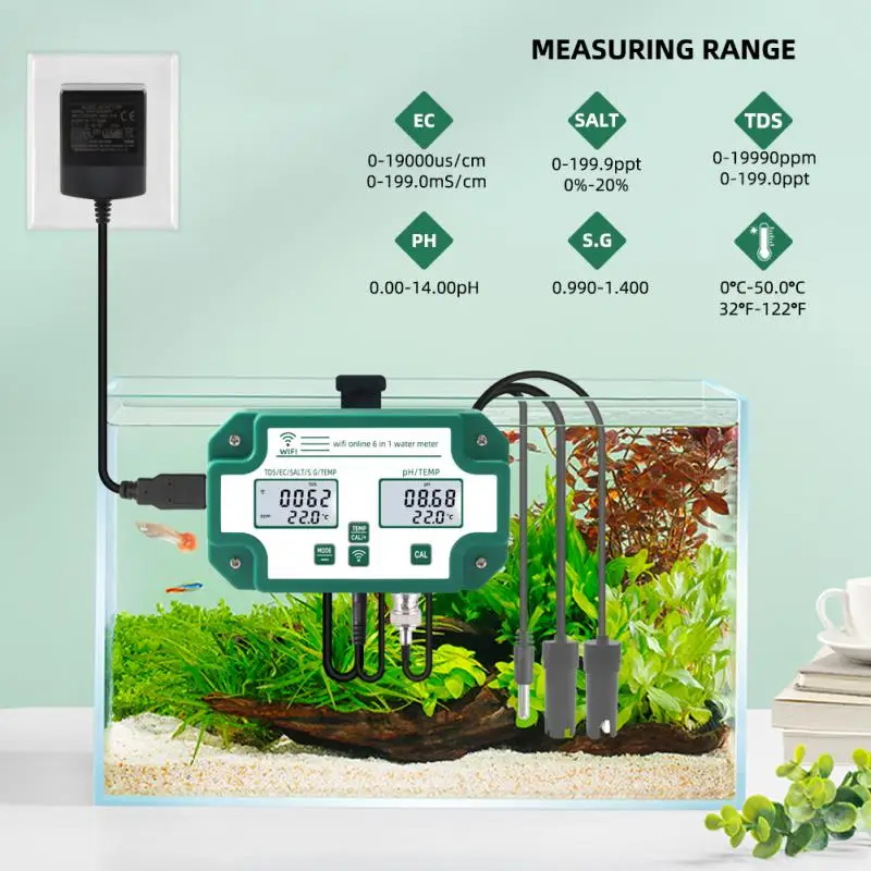 

Tuya Wifi 6In1 Water Quality Detector Digital Wifi PH EC TDS SALT S.G.Temp Meter Water Quality Tester Real-time Smart Monitor