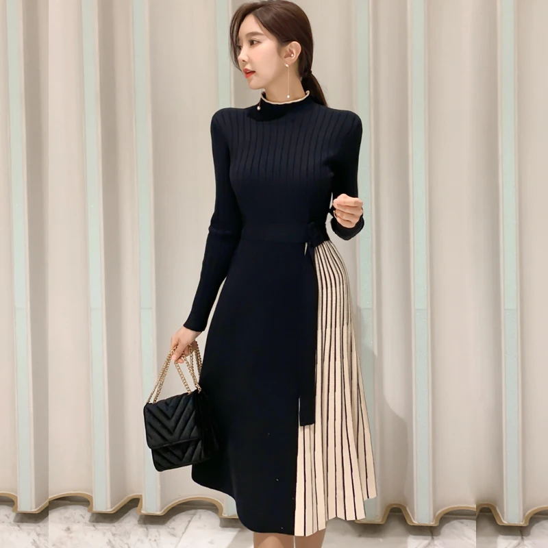 

Pullover Knitted Pleated Sweater Dress A Line Vintage Elegant Black Midi Korean Long Sleeve Slim Autumn Winter 2024 Vrouw Jurk